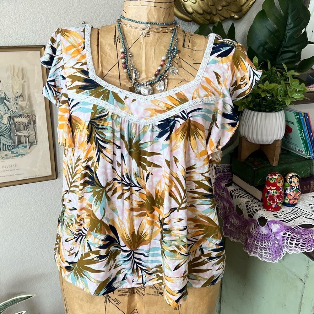 Jessica Simpson‎ Palm Tropical Yellow Pink Blue Green Flutter Sleeve Blouse Sz M
